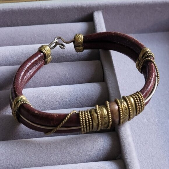 Vintage Ethnic Artesian Leather Copper Rope Twist Adjustable Bracelet - Picture 2 of 10